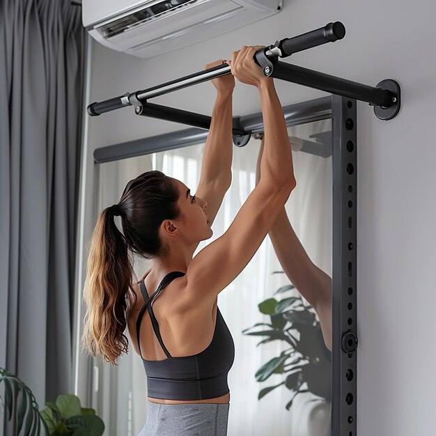 a woman is lifting a barbell with a black bar in the corner