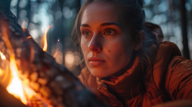 Photo a woman is lighting a fire in the woods at night aig