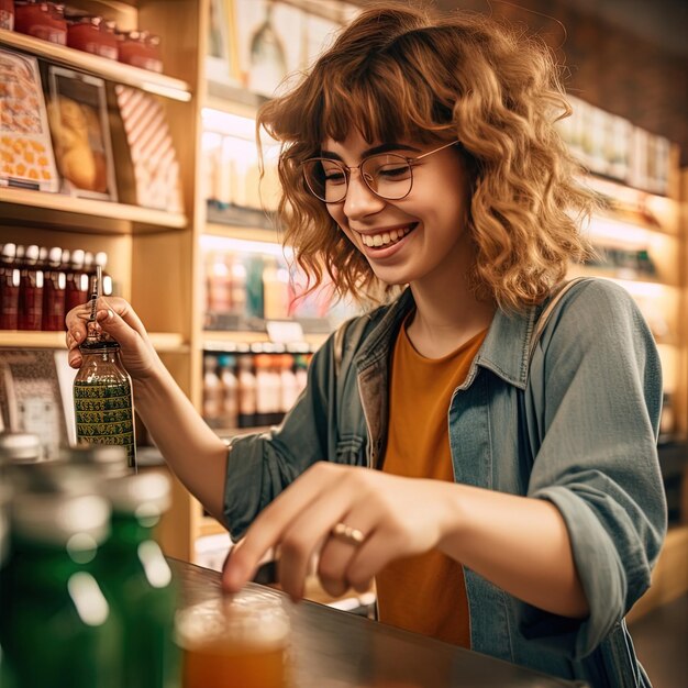 a woman is looking at a bottle of alcohol