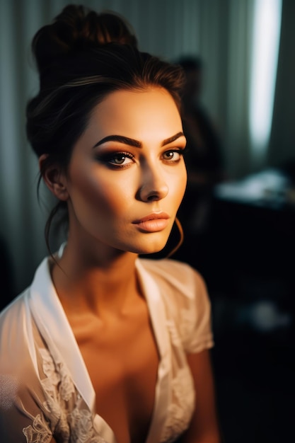 A woman is looking at the camera and the sun is shining on her face.