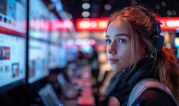 Photo a woman is looking at a computer screen with the word quot on it