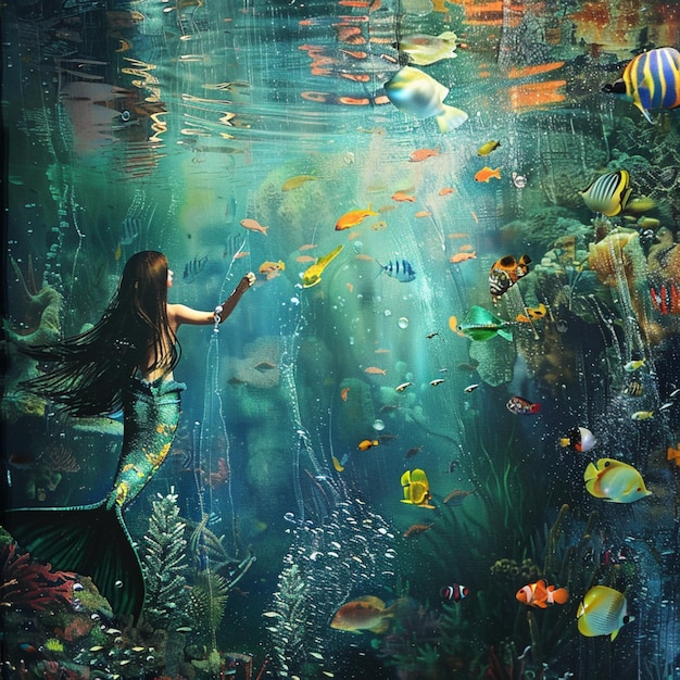 a woman is looking at the fish in the water