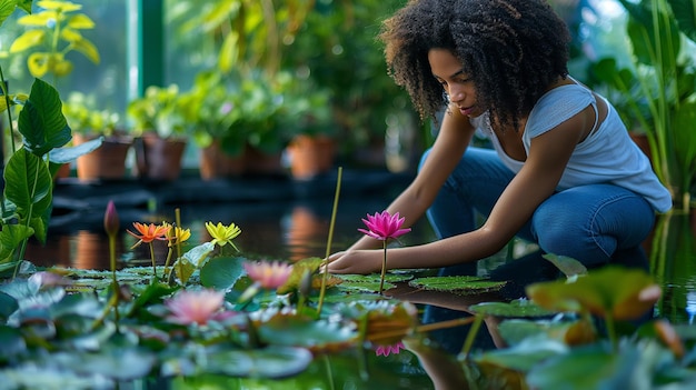 女性が池の花を見ている