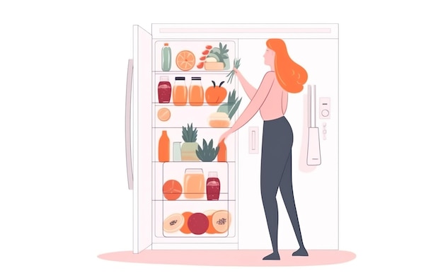 한 여성이 음식이 가득 찬 냉장고를 보고 있습니다.