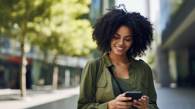 Woman is looking at her smartphone standing on an urban sidewalk with buildings in the background