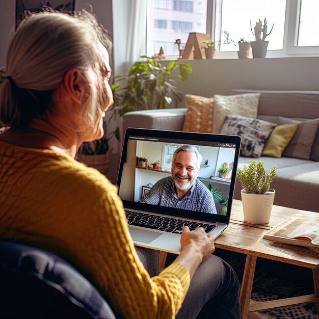 Photo a woman is looking at a laptop with a man on it