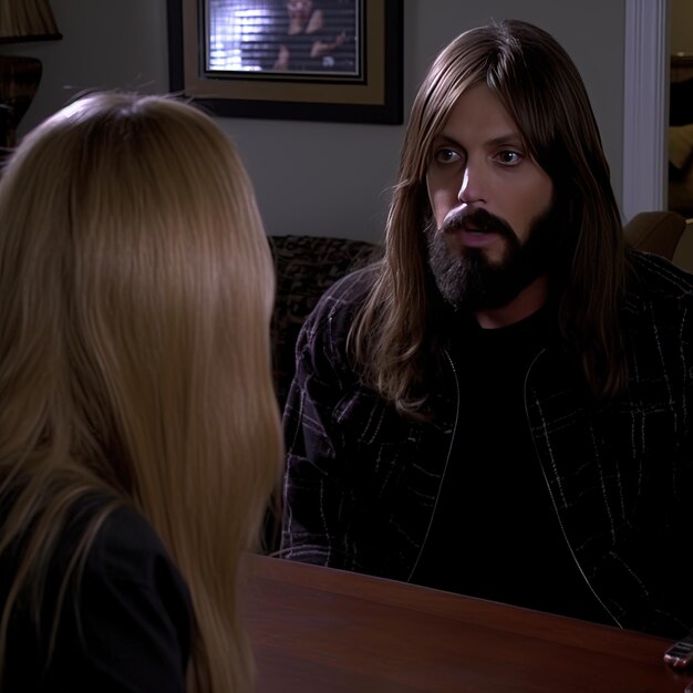 Photo a woman is looking at a man in a mirror and a woman is wearing a black shirt