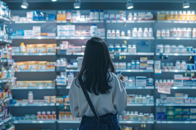 한 여자 가 상점 의 의약품 섹션 을 보고 있다