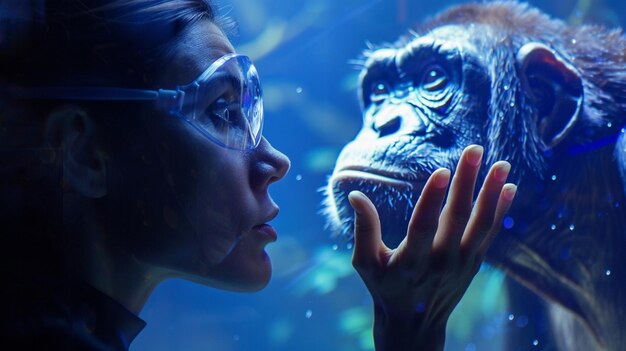 Foto una donna sta guardando una scimmia con una maschera