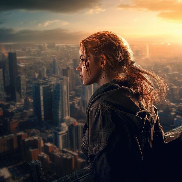 A woman is looking out over a city and the sky is orange.