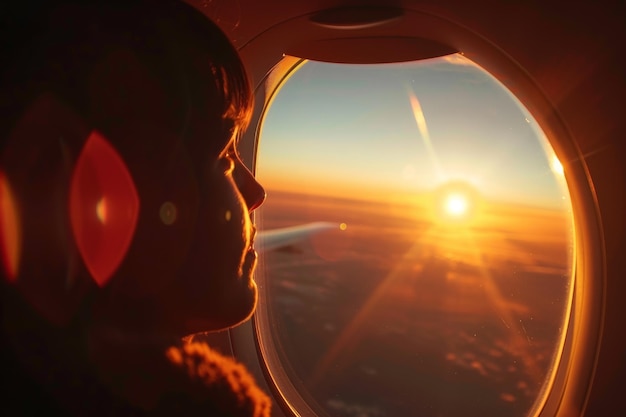 Foto una donna sta guardando fuori dalla finestra di un aereo