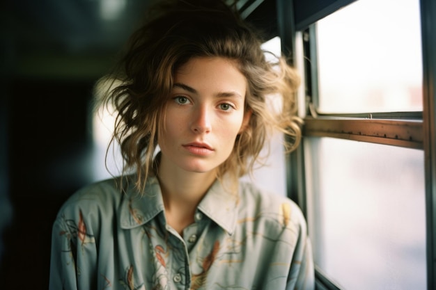 a woman is looking out the window of a bus