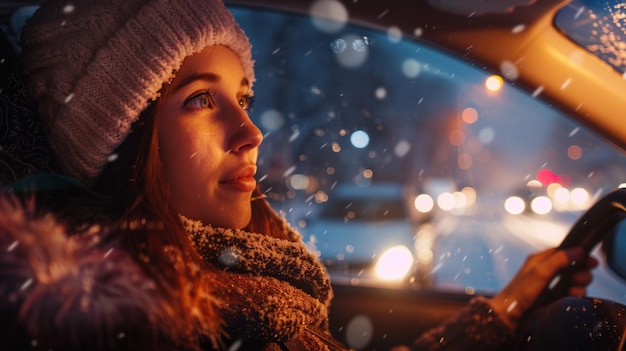 a woman is looking out the window of a car and is looking out at the snow