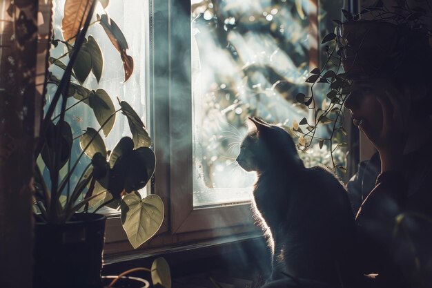 A woman is looking out a window at a cat