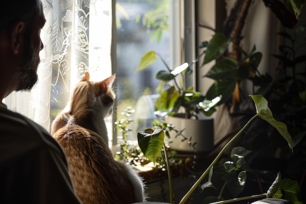 A woman is looking out a window at a cat