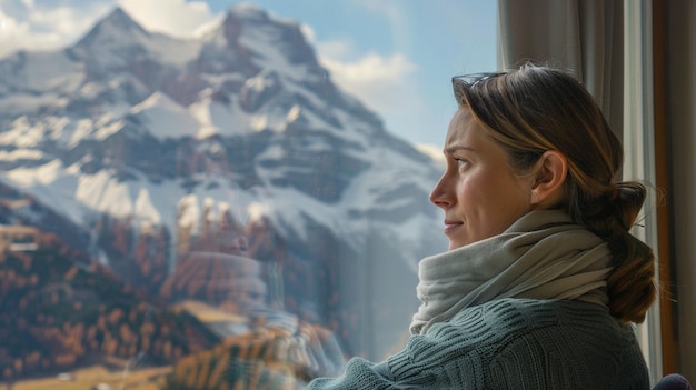 A woman is looking out of a window at the mountain