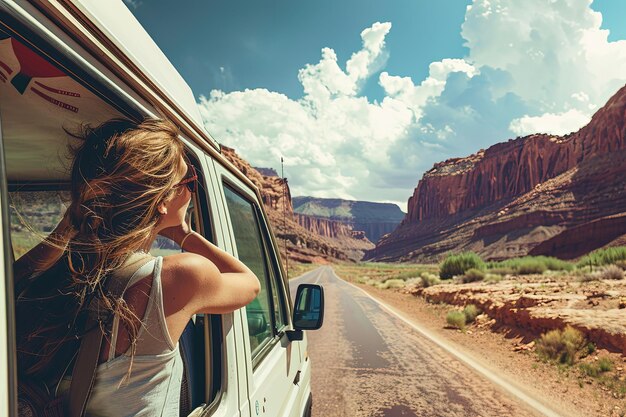 Photo a woman is looking out the window of a van