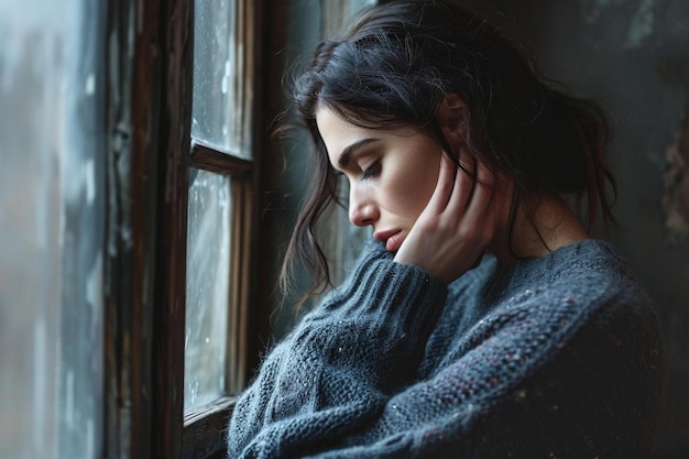 a woman is looking out of a window