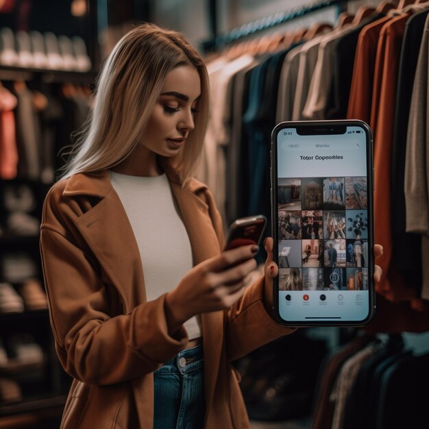 a woman is looking at a phone and a jacket that says quot iphone quot