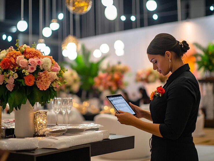 a woman is looking at a phone that has flowers on it