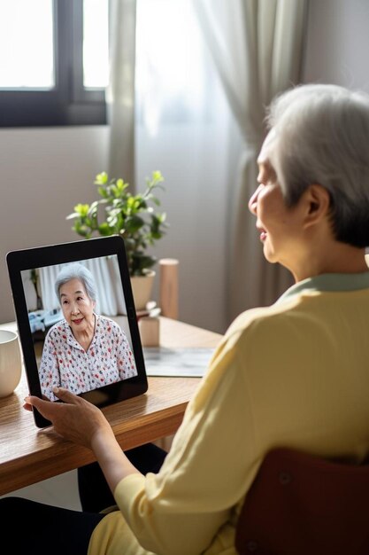 Photo a woman is looking at a picture of an asian woman on a screen