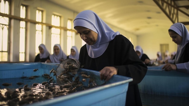 Photo a woman is looking at a pile of coins in a room with other women