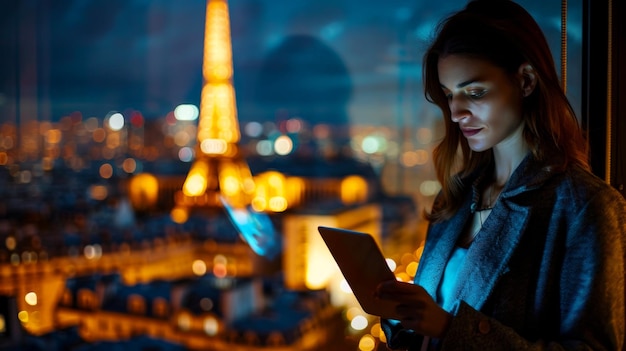 A woman is looking at a tablet in a city at night