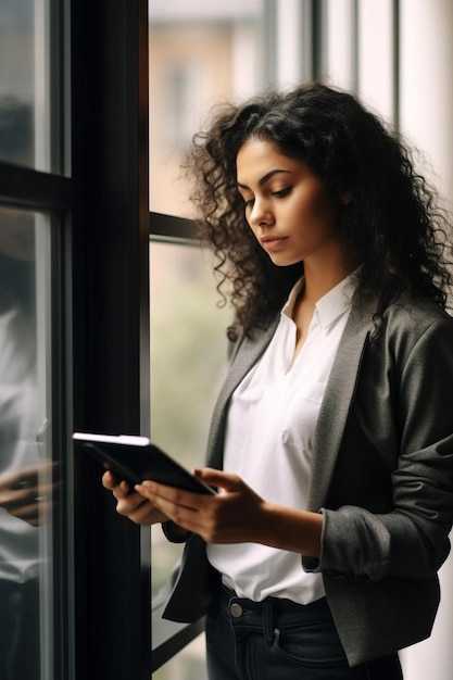 Photo a woman is looking at a tablet and the text  the word  on it