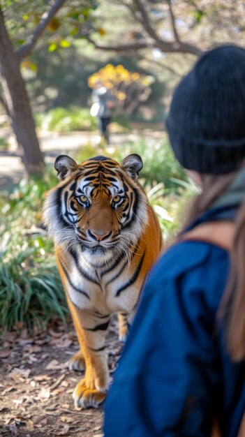 動物園のトラを見ている女性