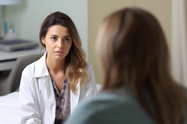 Photo a woman is looking at a woman in a lab coat