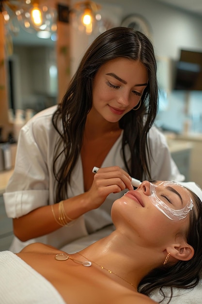 a woman is looking at a woman in a salon