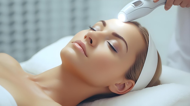 A woman is lying on a bed with a laser on her face.