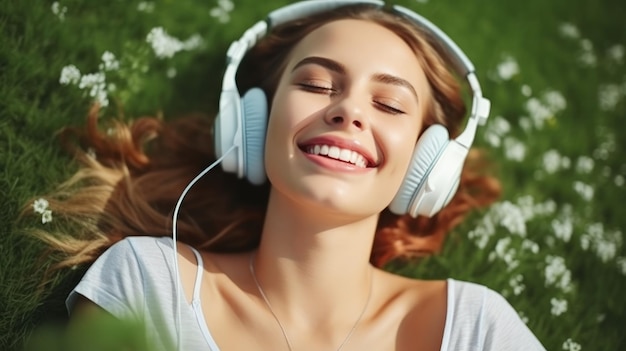 A woman is lying on the grass and wearing headphones.