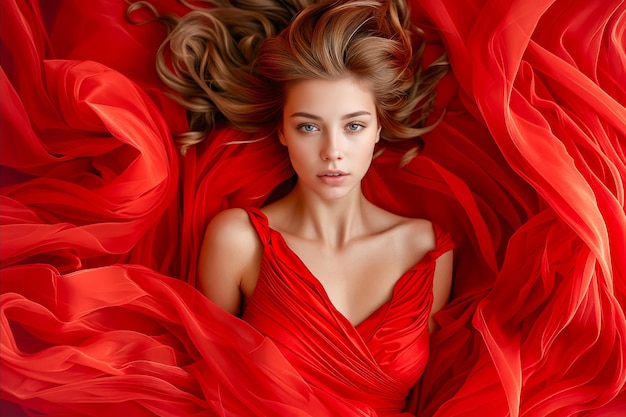 Photo a woman is lying on a red fabric