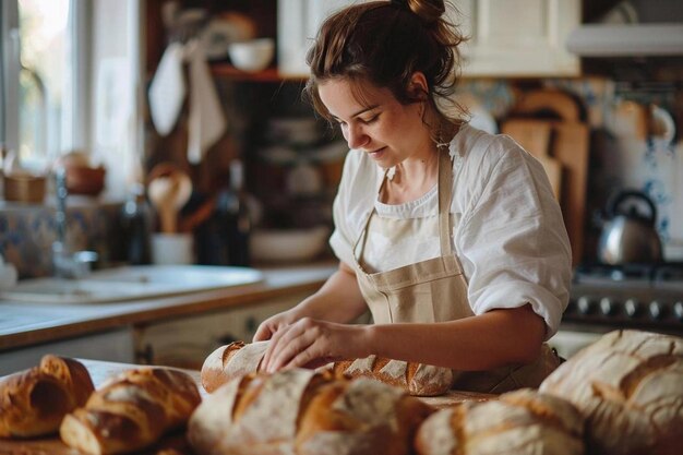 a woman is making bread in a bakery