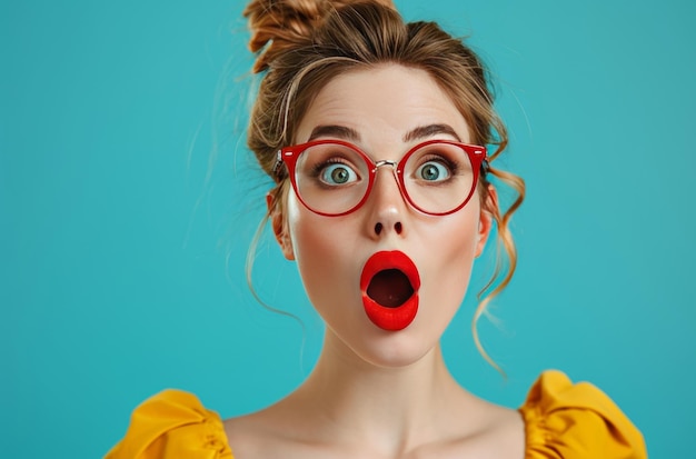 Photo woman is making a surprise face with red lipstick