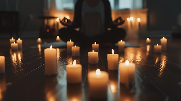 Photo a woman is meditating in a dark room she is surrounded by candles the candles are lit and are flickering