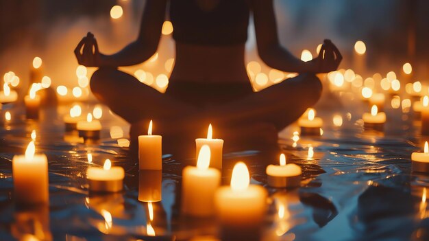 Una donna sta meditando in una stanza buia è circondata da candele la luce delle candele si riflette sull'acqua la donna è in pace