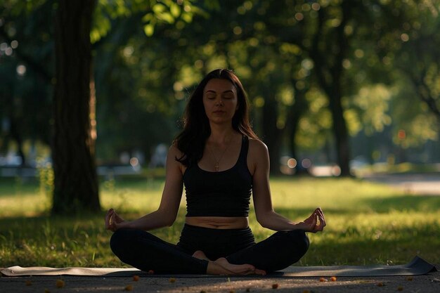 A woman is meditating in the park photo in a summer atmosphere