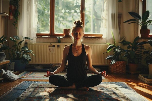 A woman is meditating in the park photo in a summer atmosphere