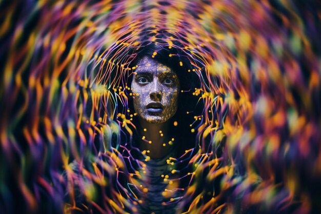 Photo a woman is in the middle of a psychedelic image