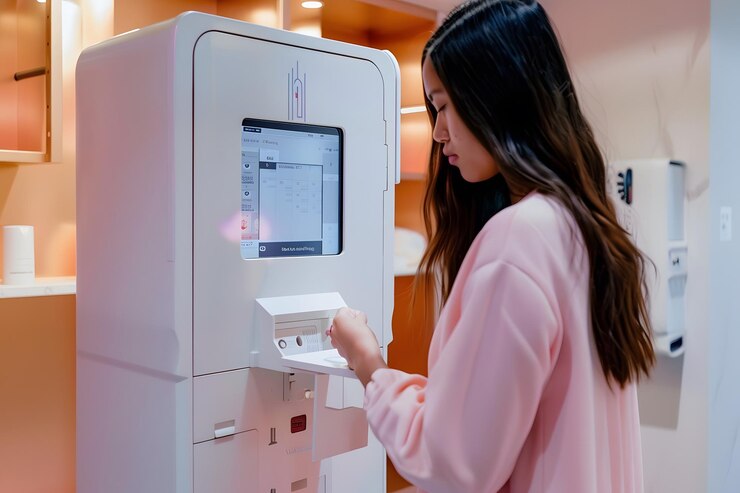 Photo 女性がモニター付きのマシンを開いている