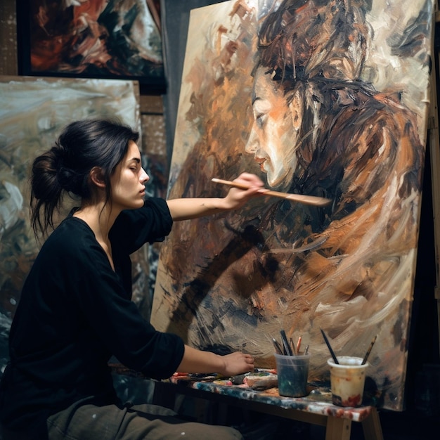 女性が手にブラシを持ってキャンバスに絵を描いています