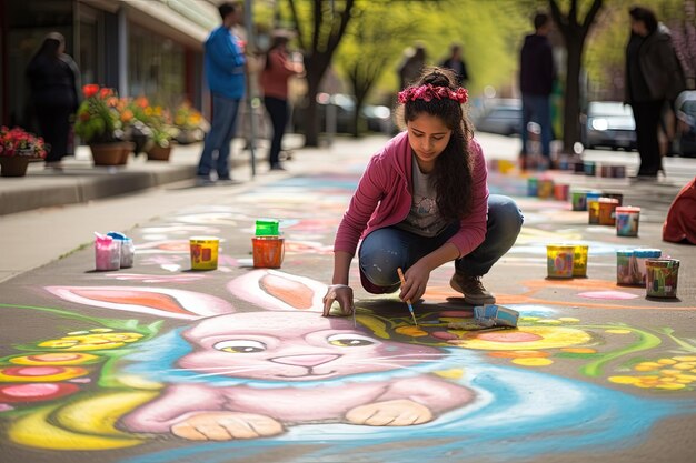 Foto una donna sta dipingendo un murale sul marciapiede