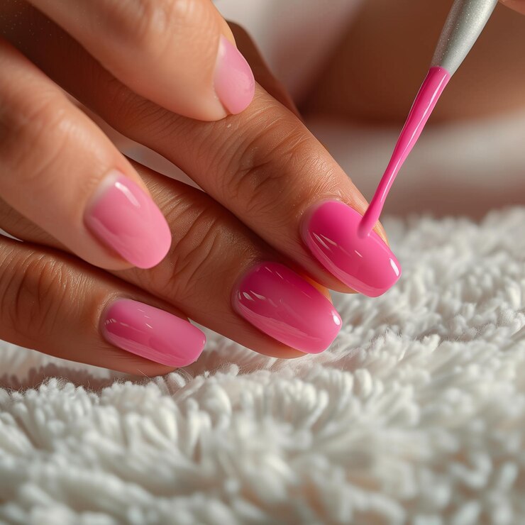 a woman is painting a nail with a brush