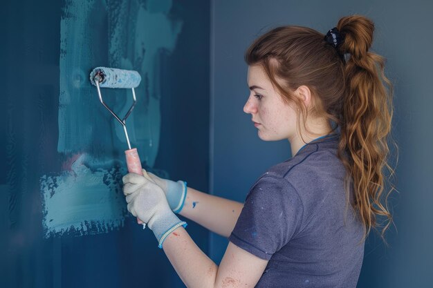 a woman is painting a wall with a paint brush