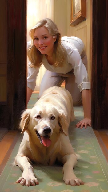 Photo a woman is petting a dog in a house