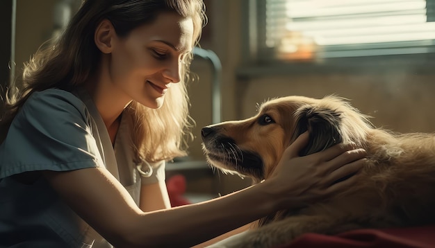 女性が犬を撫でている