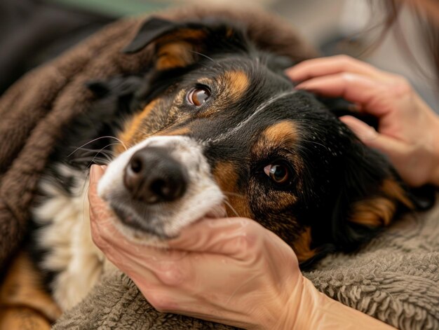 A woman is petting a dog