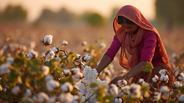 a woman is picking cotton in a field